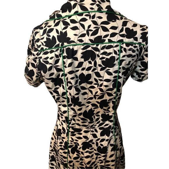 Marianne black and white floral button front with green satin buttoned and trim - Picture 10 of 16